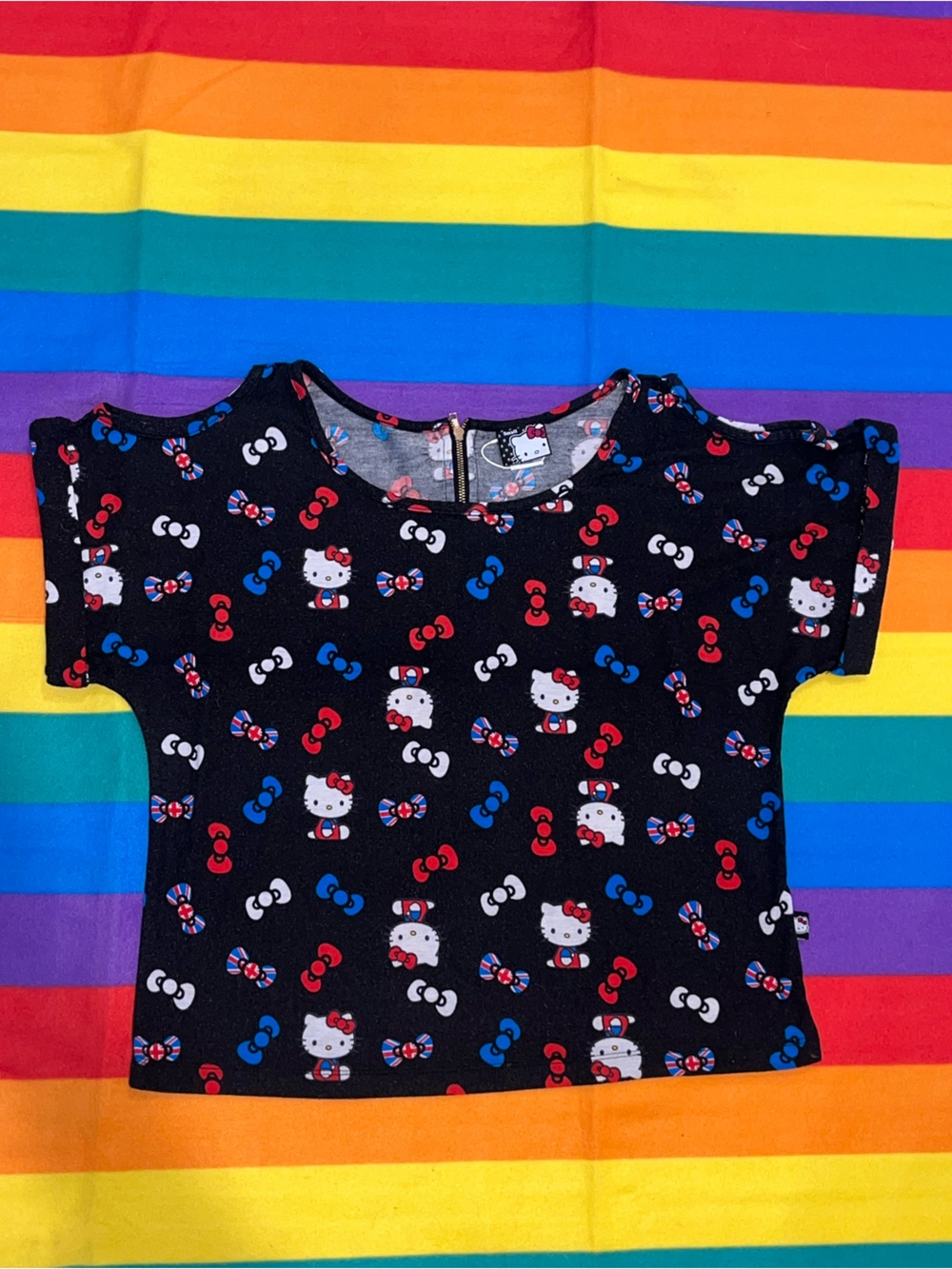 Sanrio Hello Kitty Union Jack Print Back Zip Shoulder Cut-Out Top, Black, Small